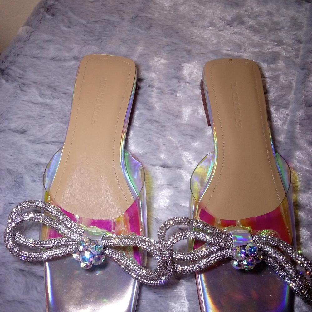MACH & MACH Type Iridescent Multicolor Slide Mules with Crystal Bow